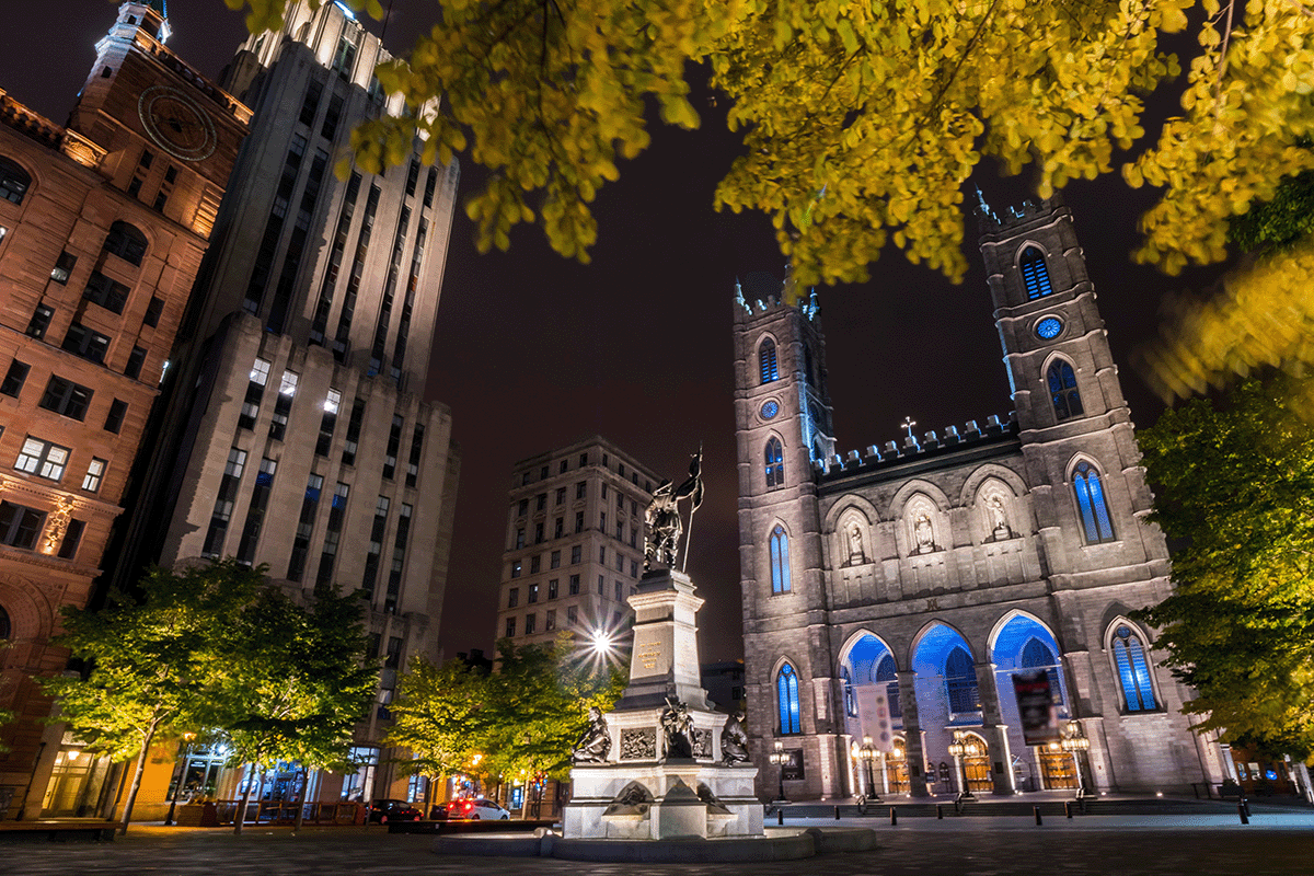 Montreal at Night in front of Notre Dame Cathedral