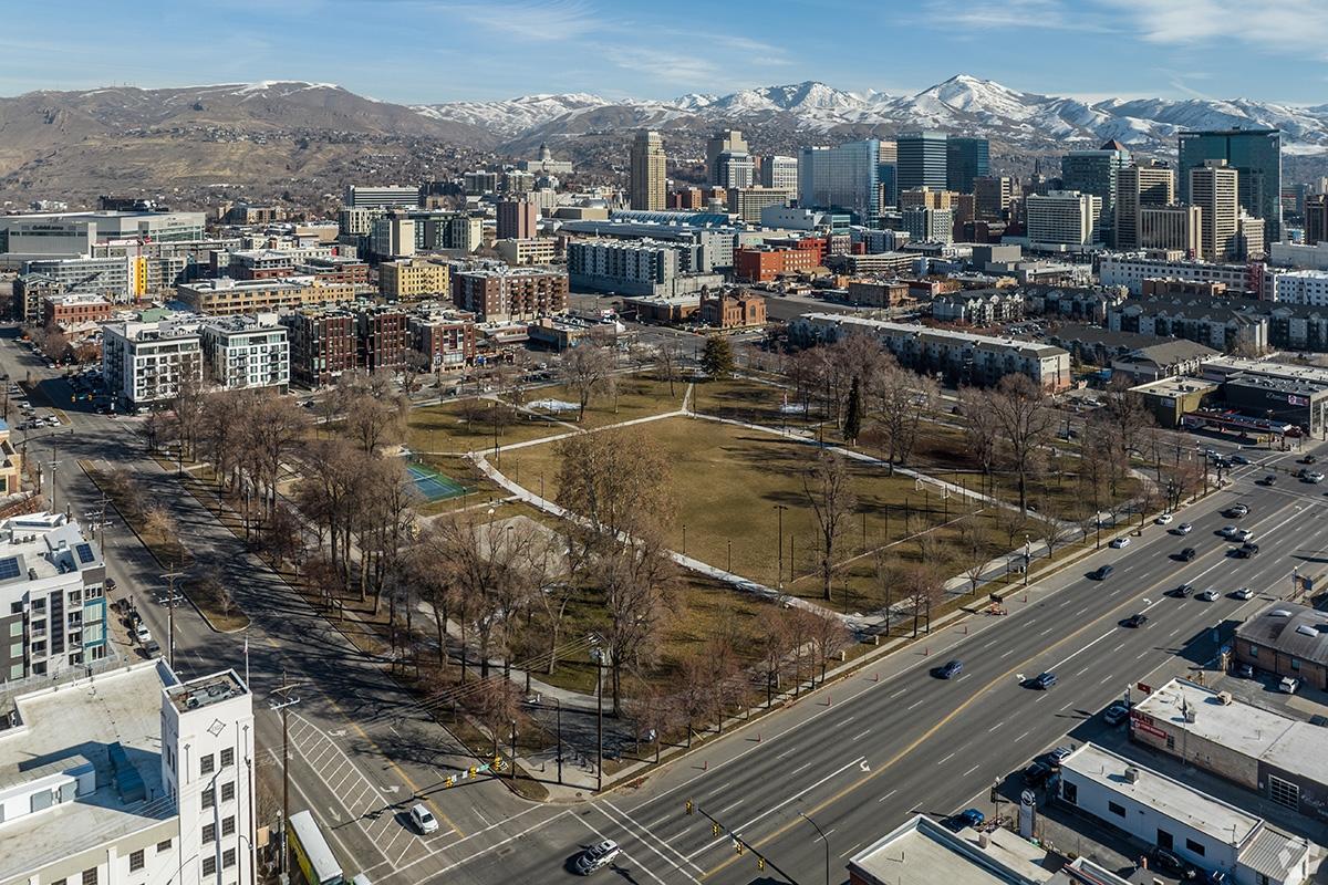 Icy mountaintops peak above Central Salt Lake City.