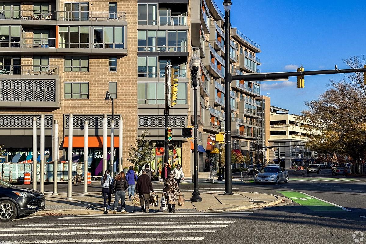 People walk in front of mid- and high-rises in Pentagon City.
