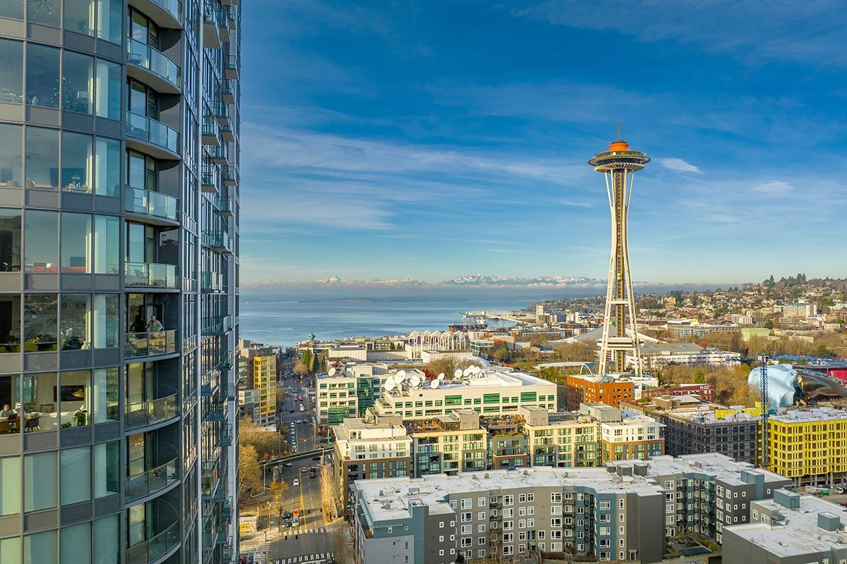 A view of the Space Needle and Puget Sound from the Belltown neighborhood in Seattle.