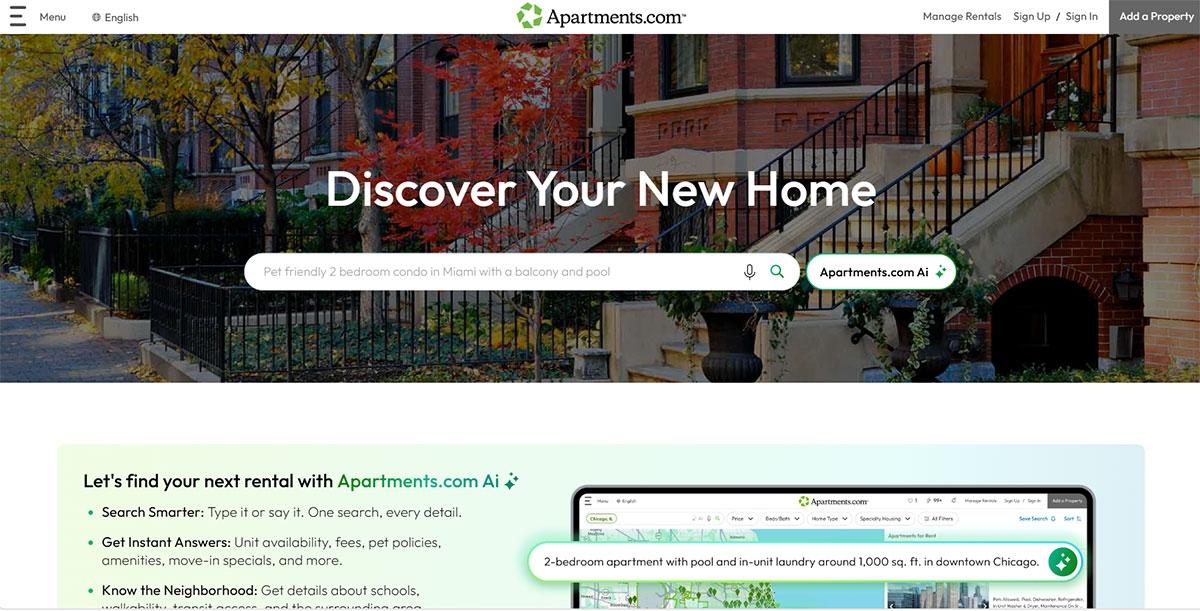 Apartments.com home page with all-new Apartments.com Ai.