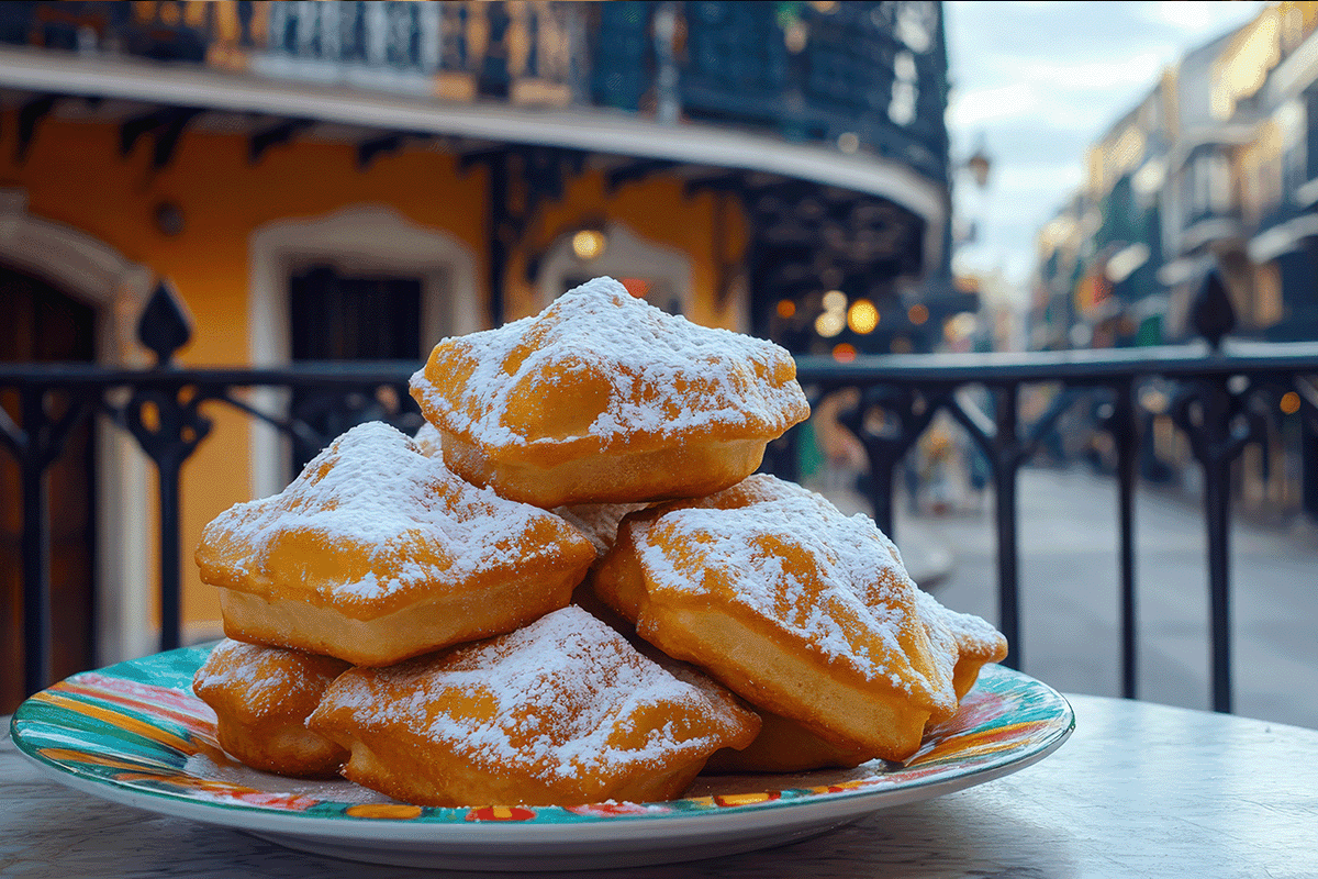 Beignets with New Orleans' Bourbon Street in the Background