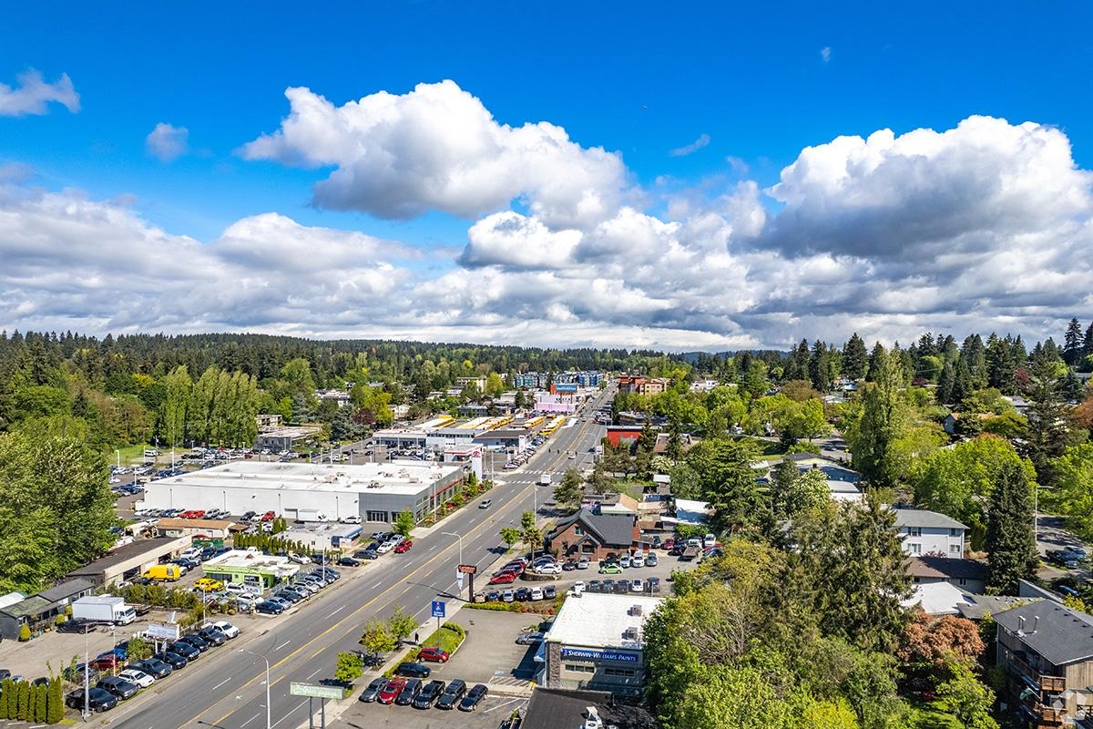 An aerial view of a road through the Lake City neighborhood surrounded by trees.