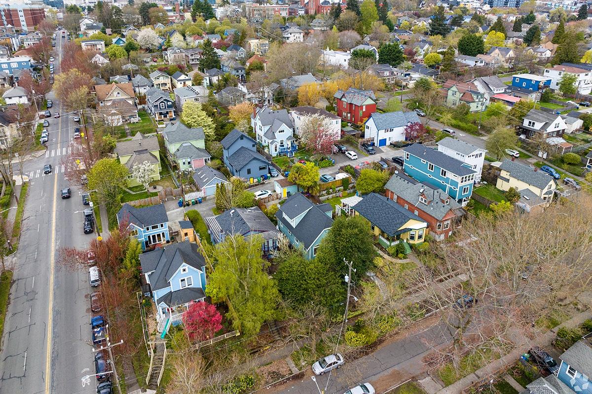 An aerial view of colorful homes in the Minor neighborhood.