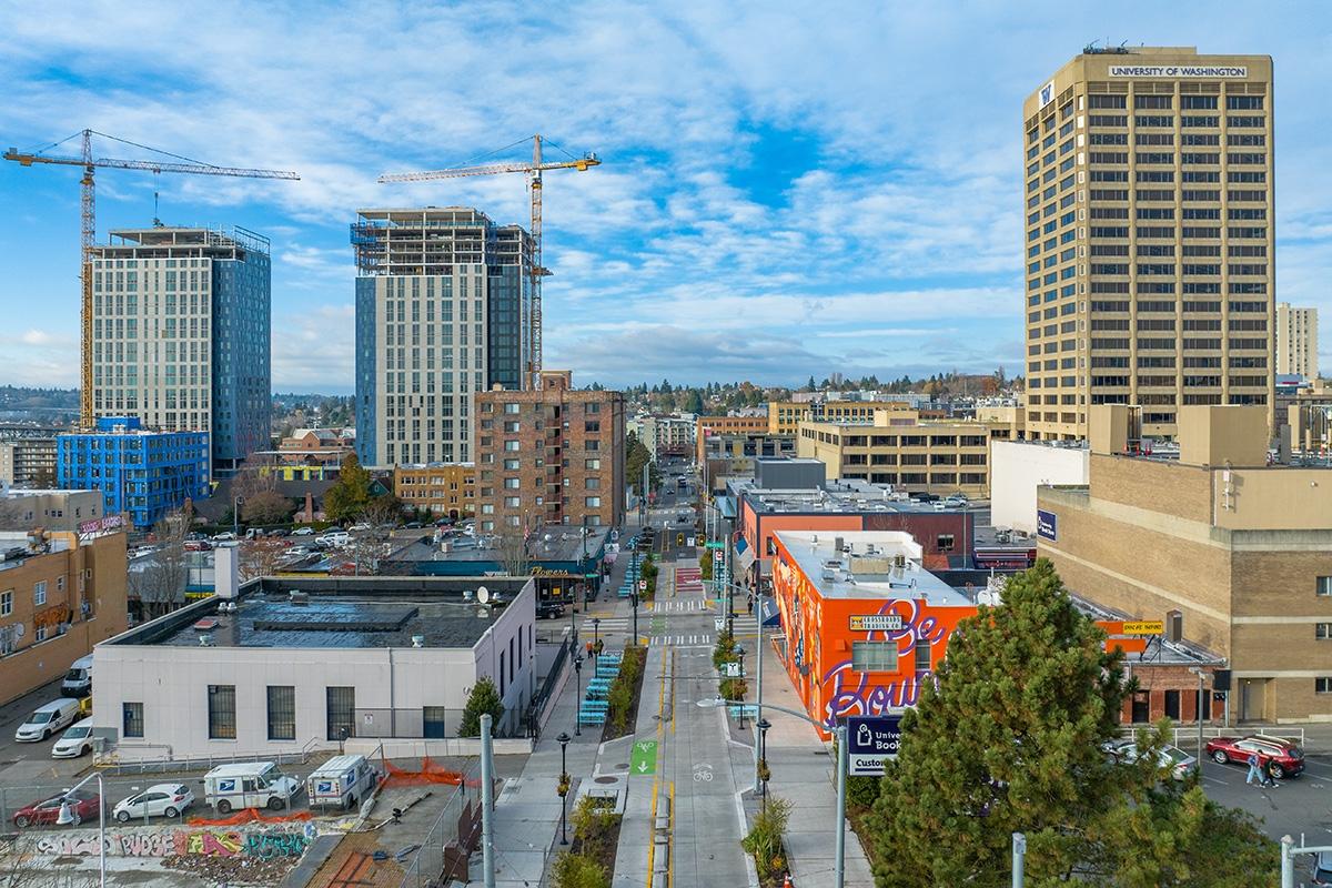 An aerial view of 43rd Street dining row at University Avenue.