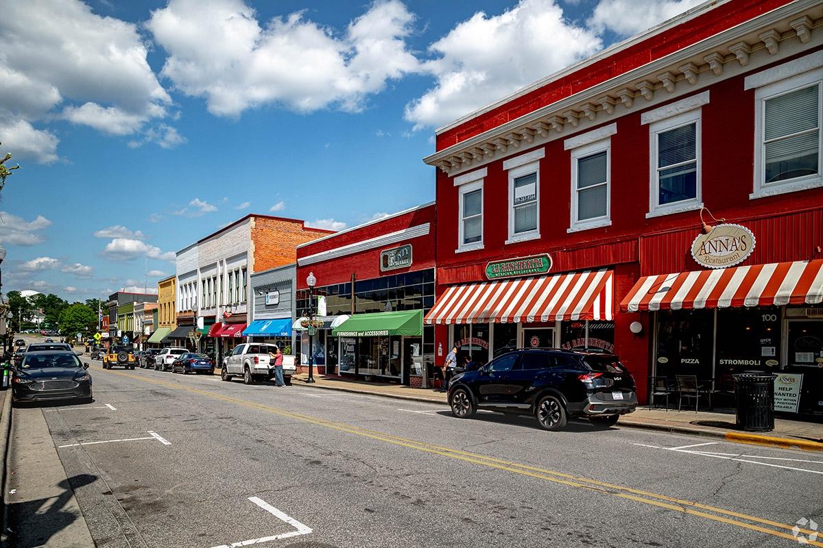 Apex's historic downtown is lined with small businesses in classic buildings.