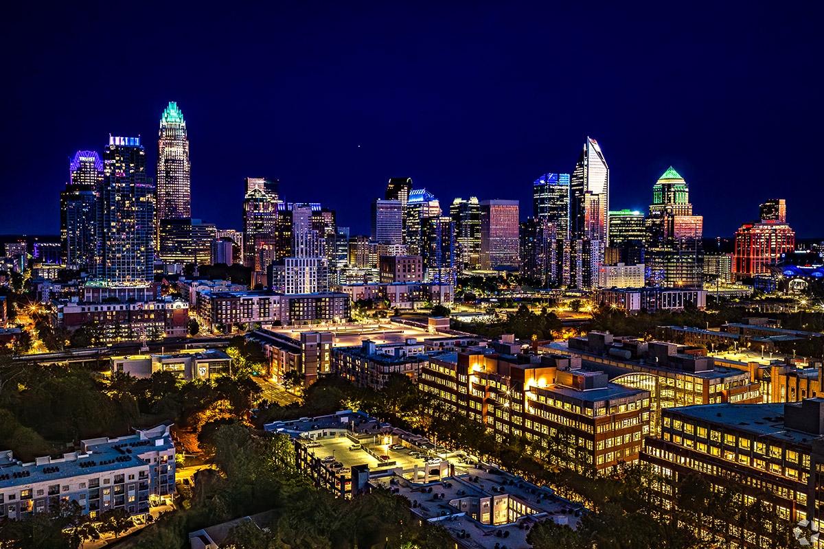 Charlotte's skyline lights up during the night.