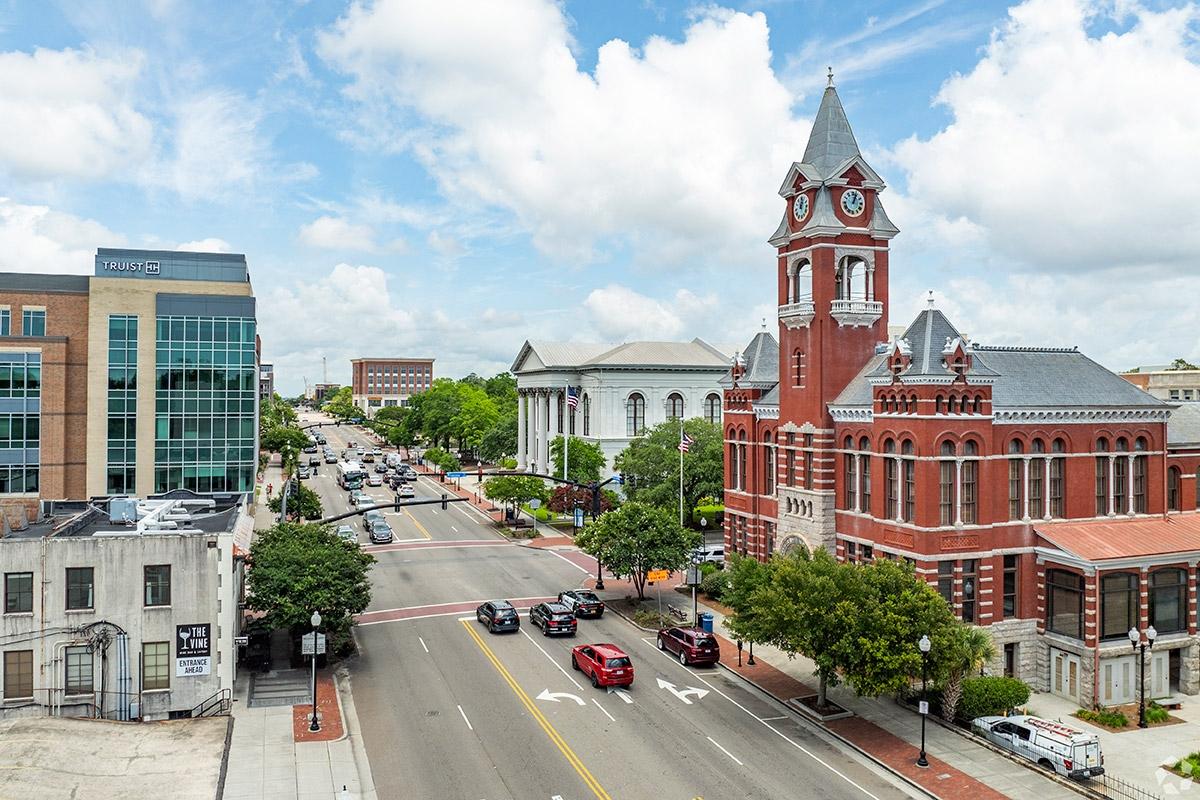 The main street running through Wilmington has modern buildings next to historic ones.