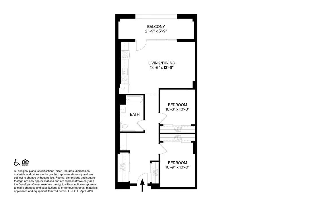 The floorplan of a two bed, one bathroom apartment.