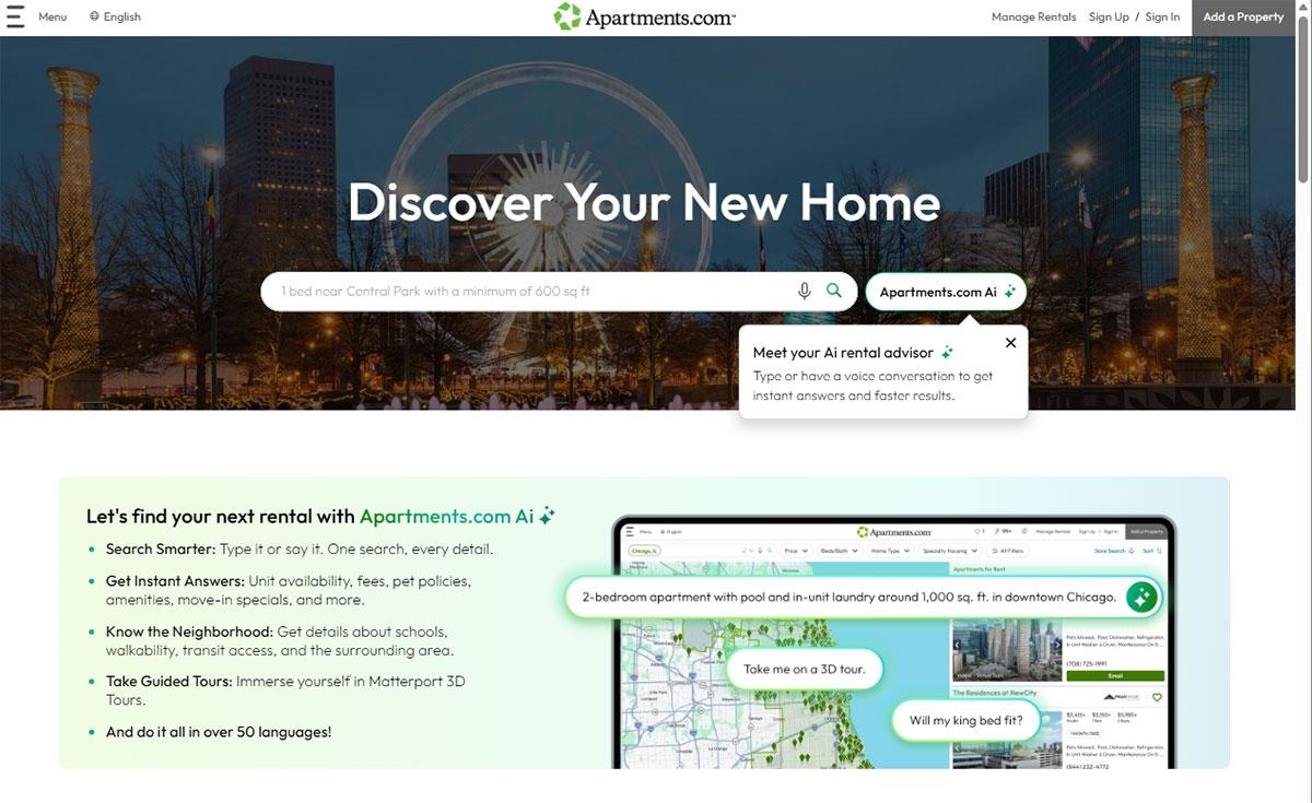 Photo of Apartments.com home page with Apartments.com Ai integration.