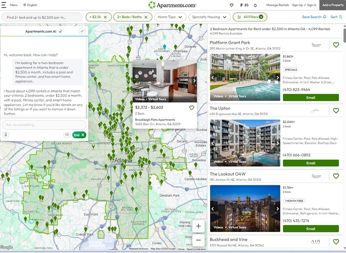 Photo of the Apartements.com Ai agent chatting with the renter.