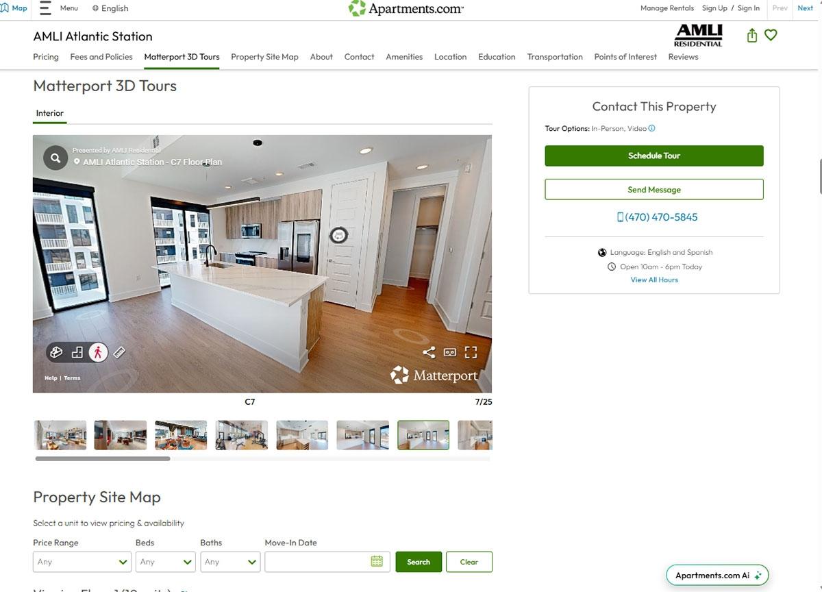 Photo of the available Matterport 3D tours for a property listing on Apartments.com.