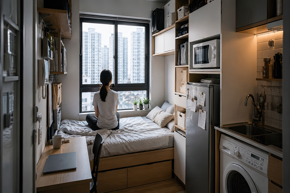Woman in a micro apartment in New York City