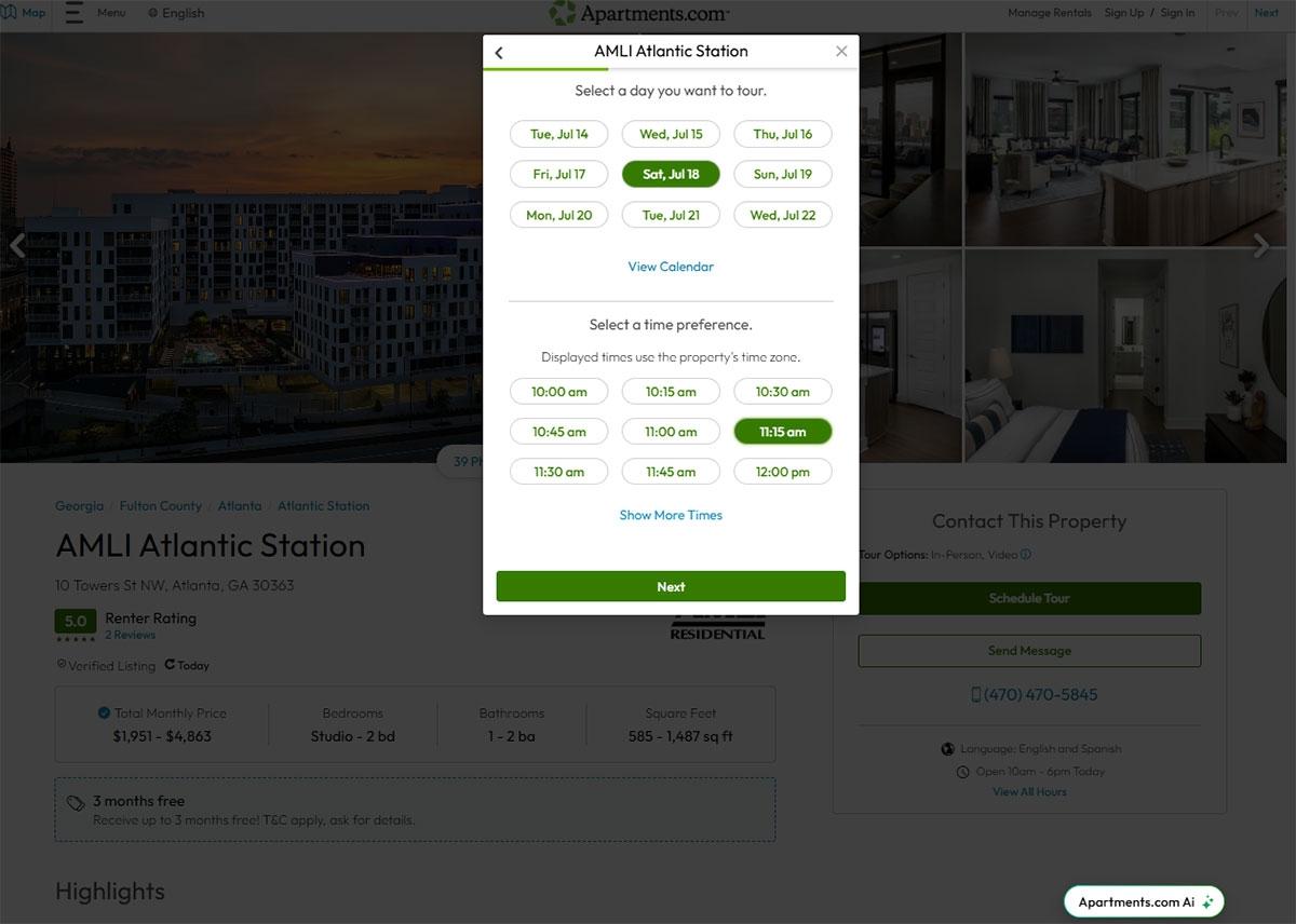 Photo of the date and time pop-up when scheduling a tour on Apartments.com.