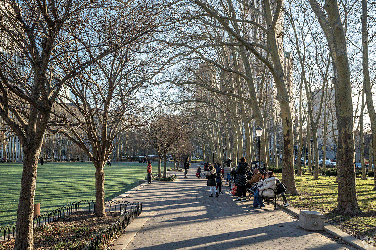 New Yorkers enjoy the outdoors at Walt Whitman Park in Downtown Brooklyn.
