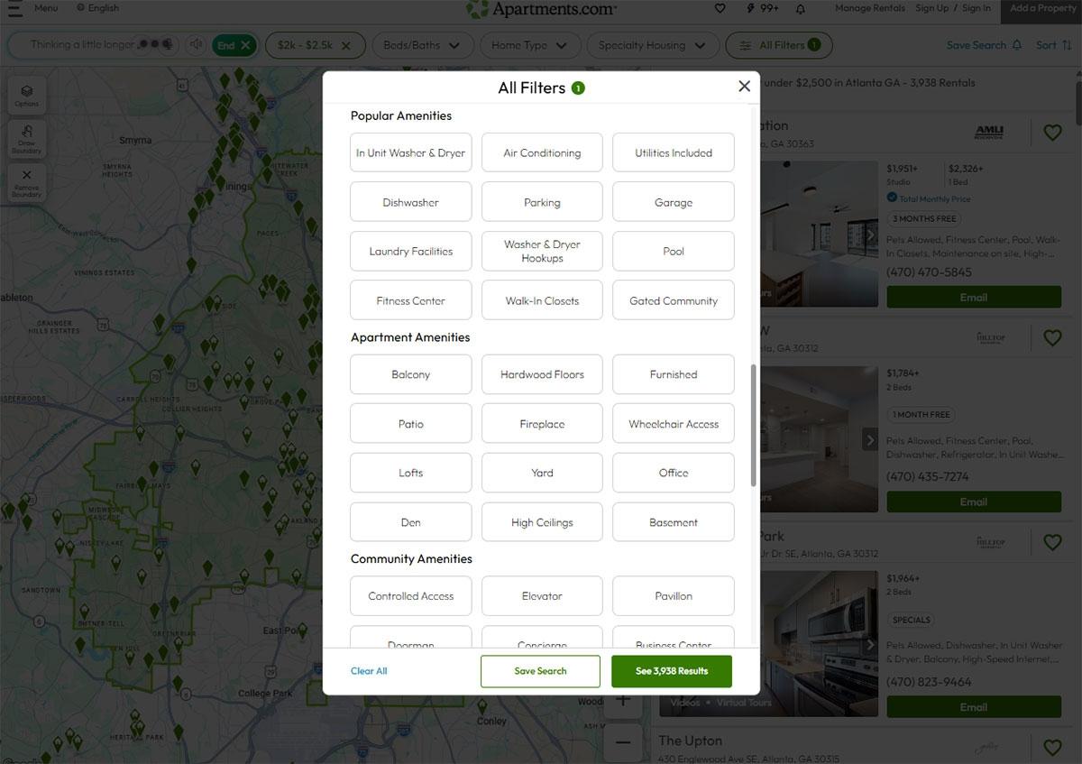 Photo of the available amenities to filter by on Apartments.com.