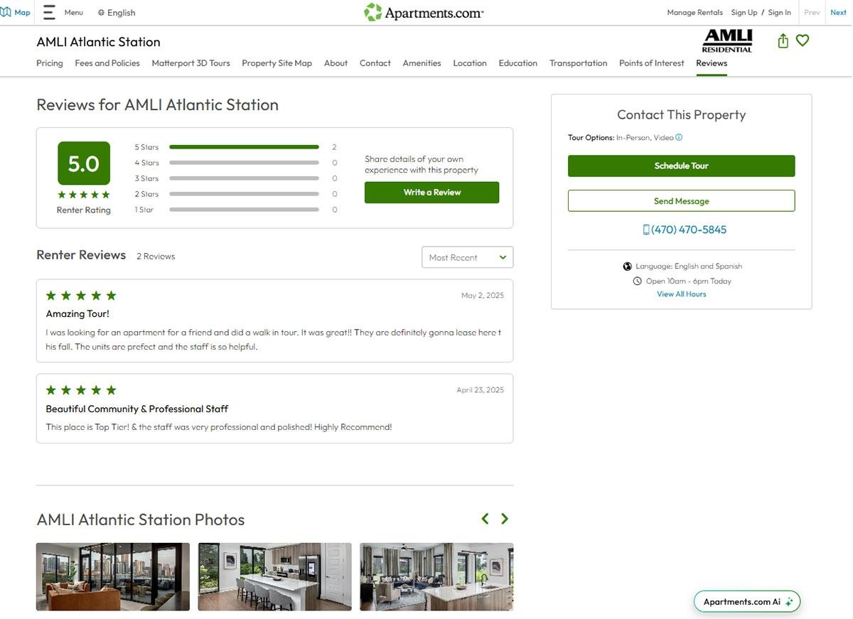 Photo of the review section for a property listed on Apartments.com.