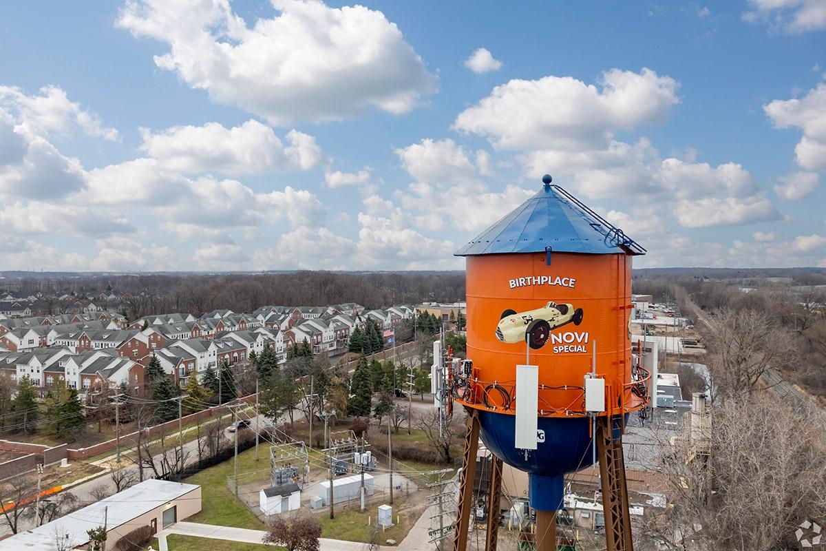 The Novi water tower is a recognizable landmark that rises over townhomes and apartment communities in Novi.