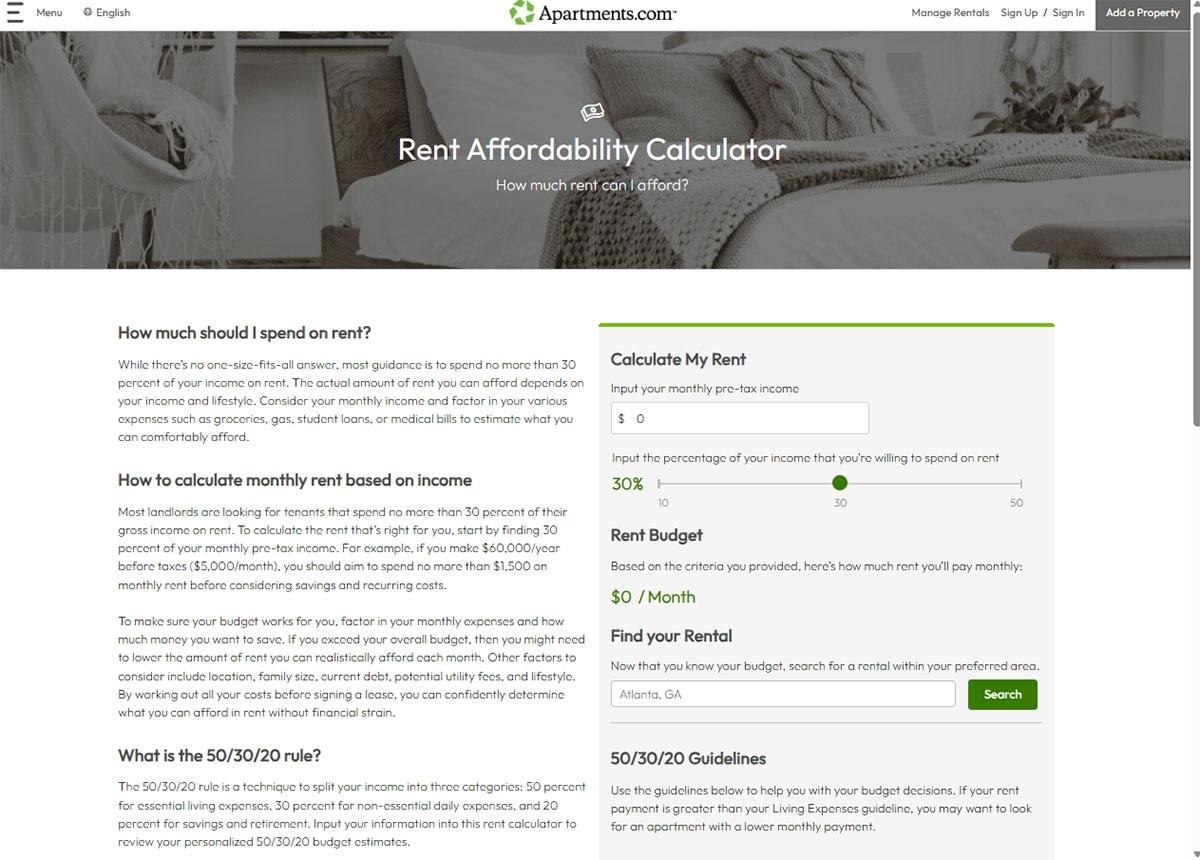 Photo of the Rent Affordability Calculator Page on Apartments.com.
