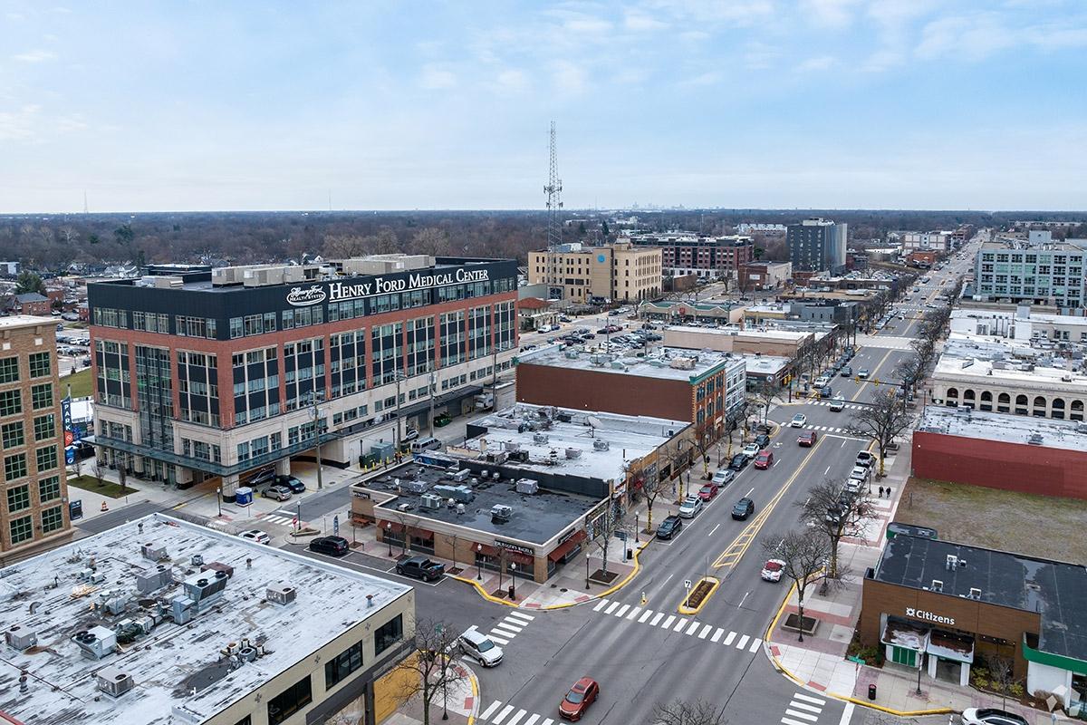 Royal Oak has many streets lined with mid-rise buildings that house businesses.