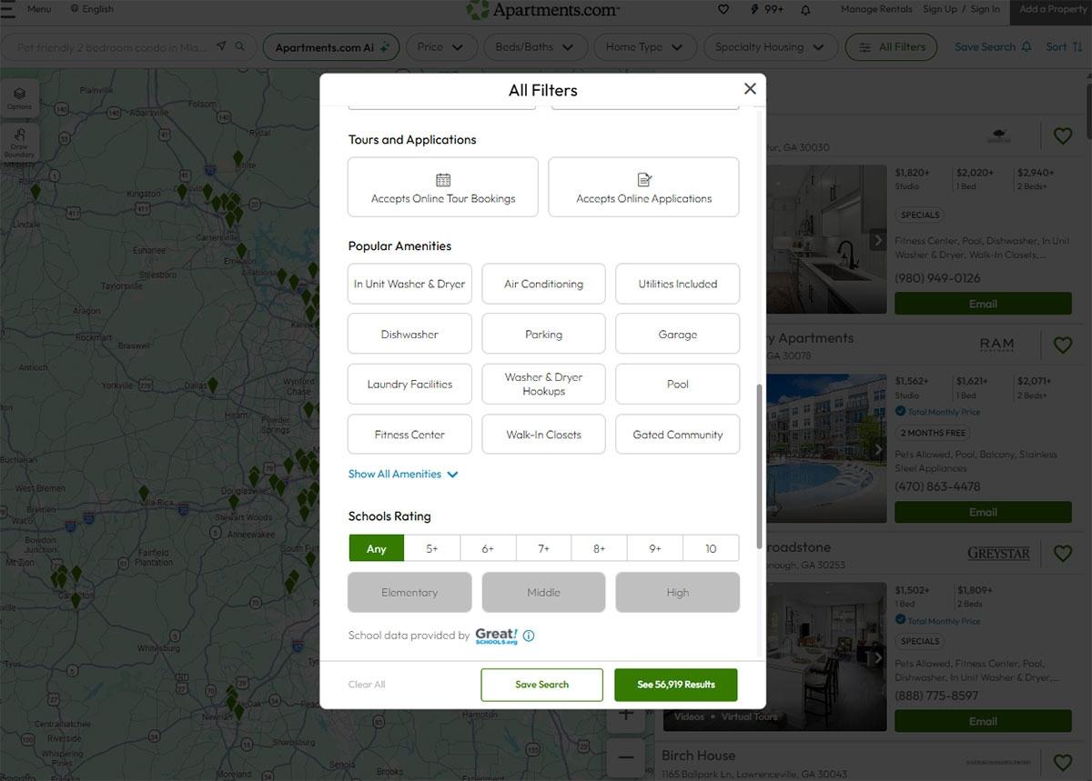 A photo of the amenities you can filter by on Apartments.com.