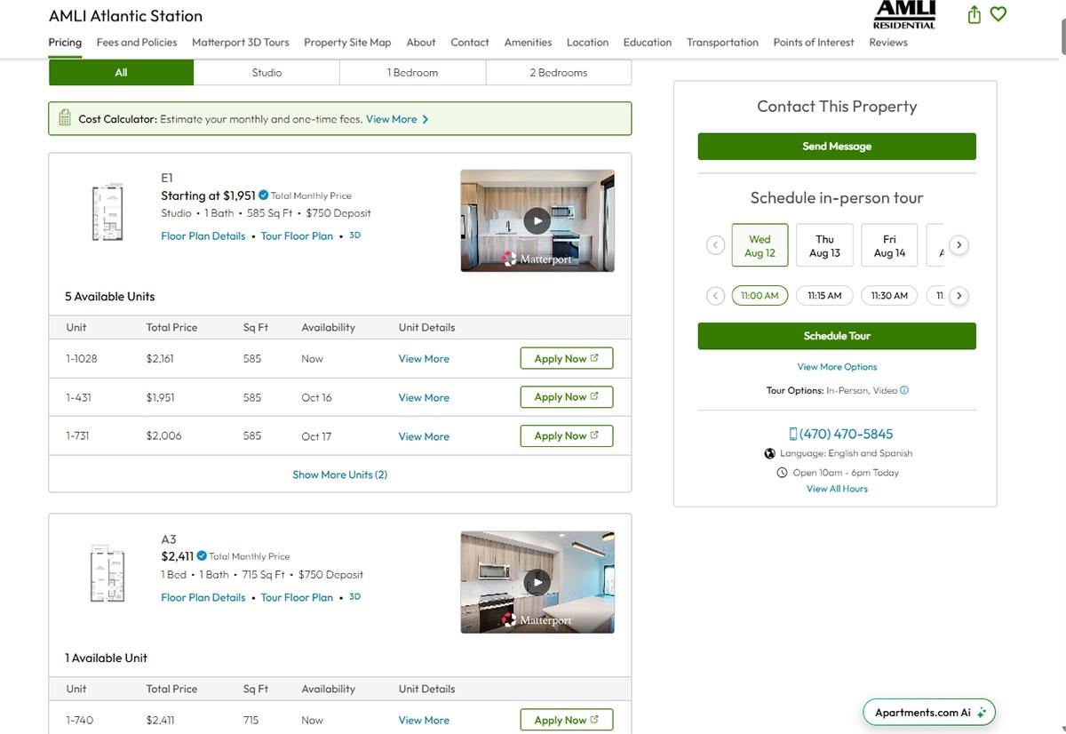 A photo of the Apply Now feature on an Apartments.com property listing.