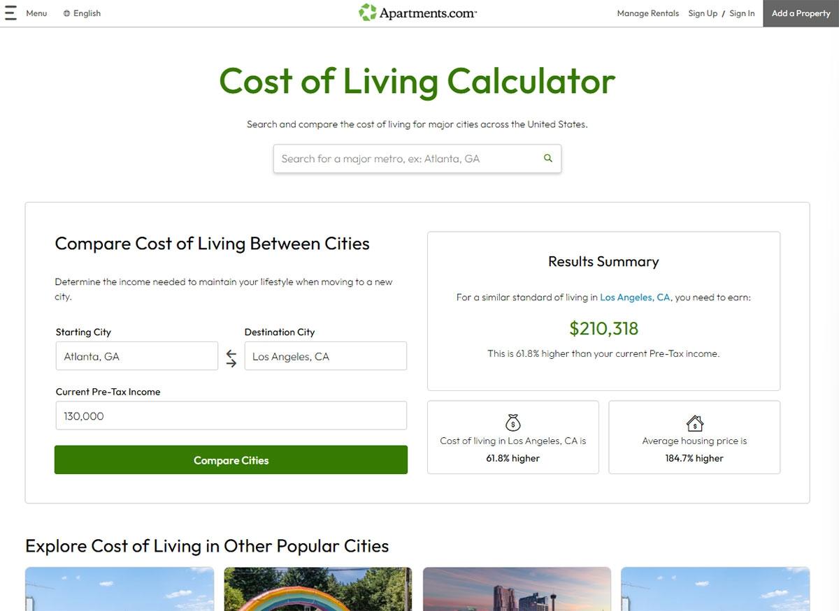 Photo of Apartments.com's Cost of Living Calculator.