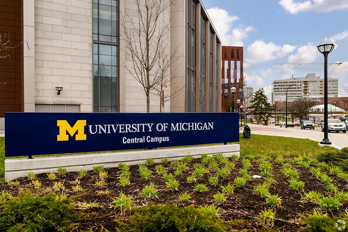 Photo of a University of Michigan sign on the central campus.