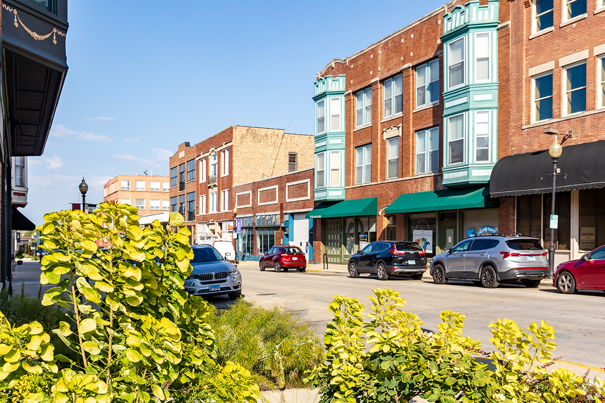 Historic storefronts in Downtown Aurora.