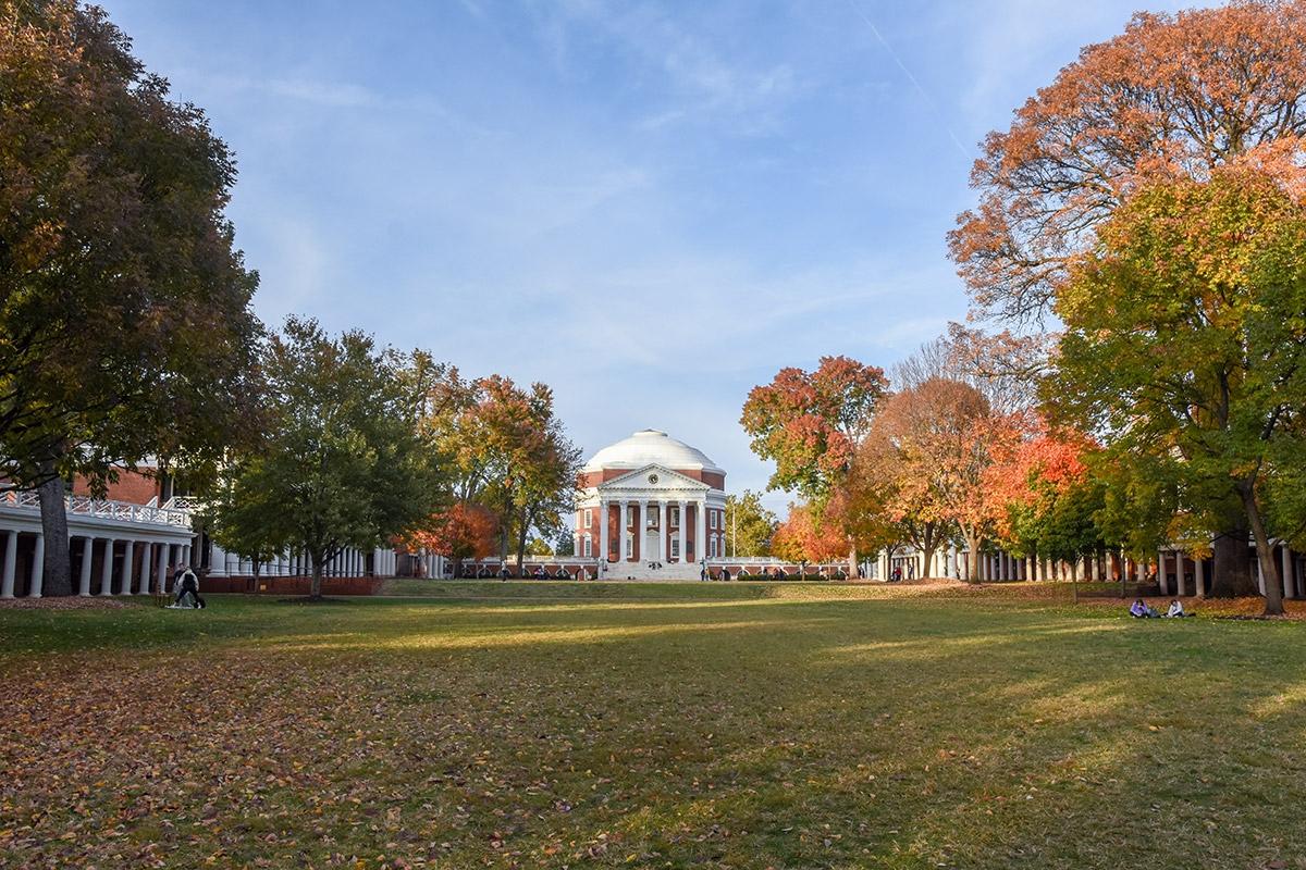 The trees match the red bricks of the Rotunda in the University of Virginia in Charlottesville, VA, during the fall.