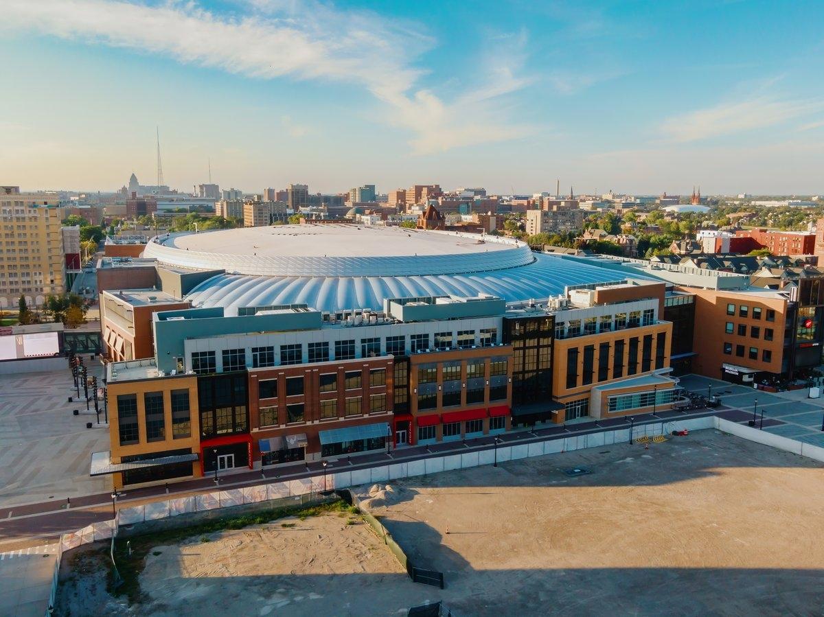 Little Caesars Arena has a varied facade.