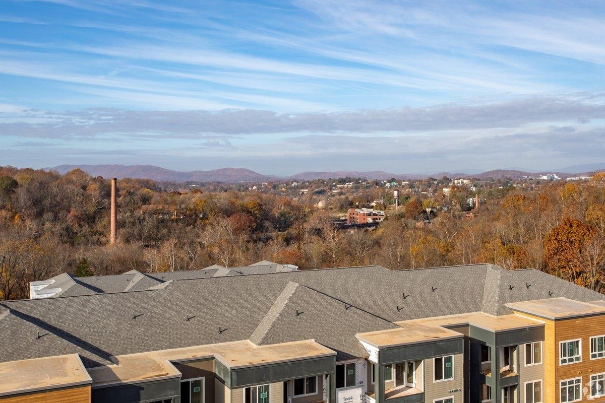 Trees rise over the rooftop of apartments in Charlottesville, VA.