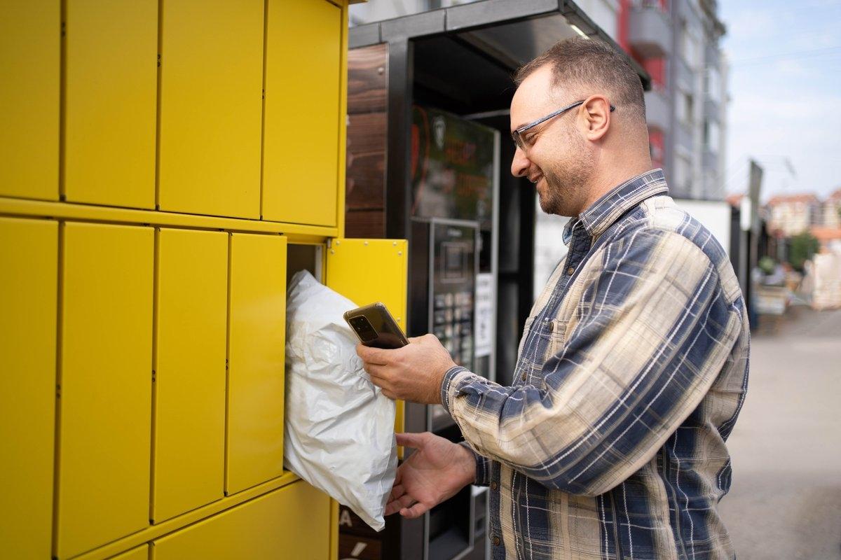 Man opening apartment package locker to collect his package with his phone.