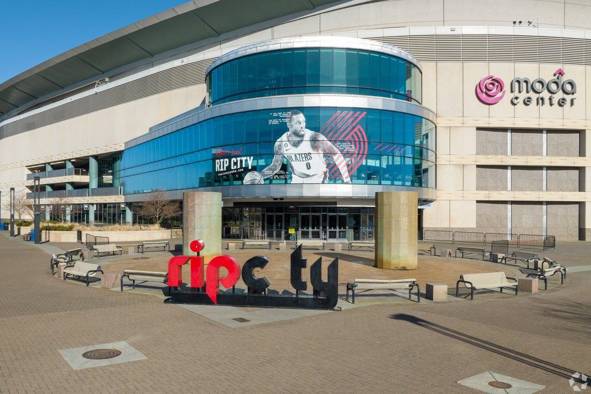 The "rip city" sign sits in front of Moda Center.