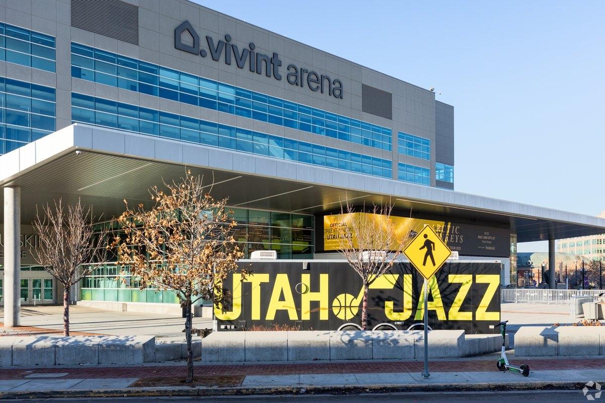 A "Utah Jazz" signs sits in front of Delta Center.