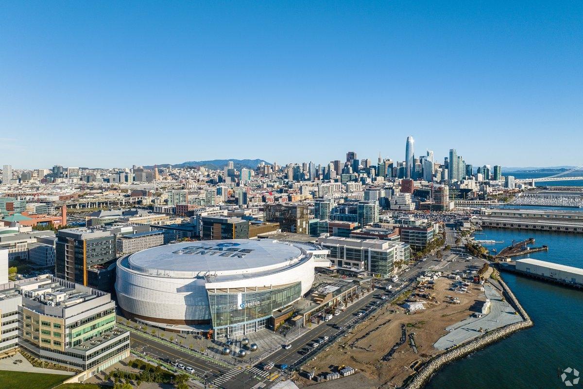 Chase Center sits on the waterfront of Mission Bay.
