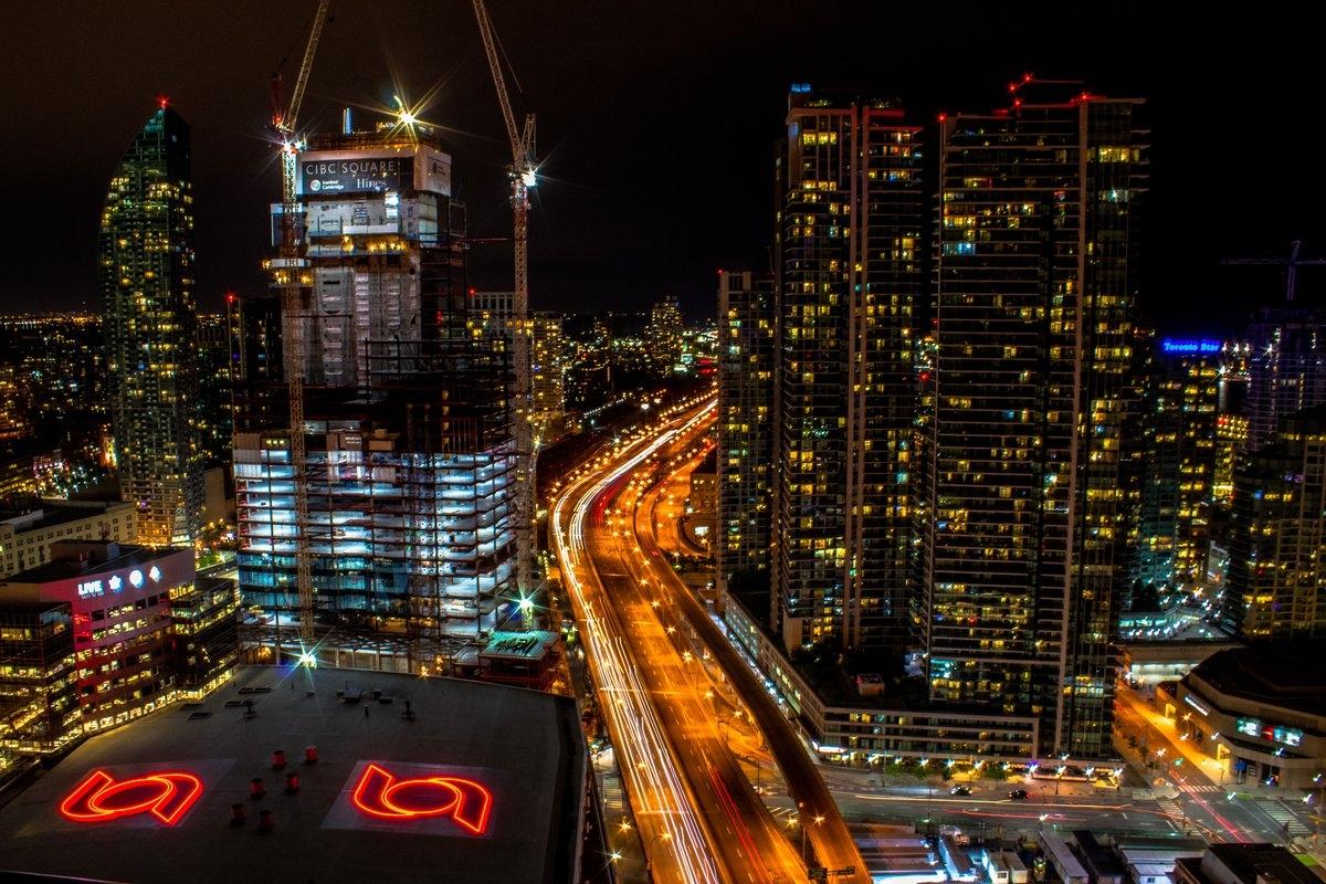 Scotiabank Arena is surrounded by high-rises and the bright lights of Downtown Toronto.