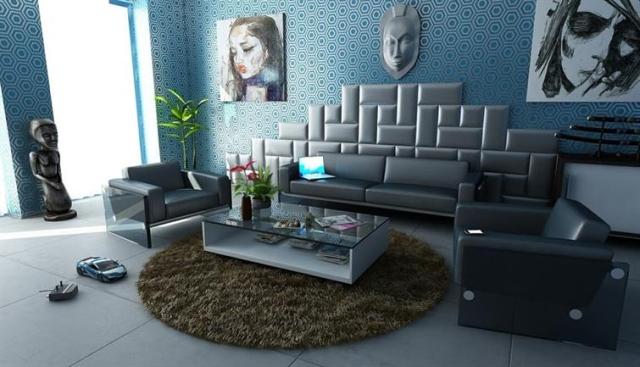 A modern apartment with blue and gray accents.