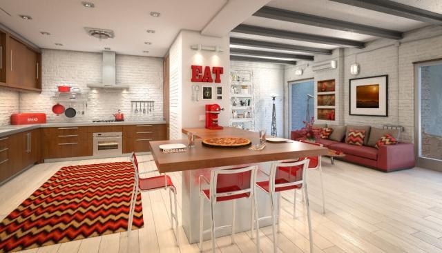 Loft kitchen with red accents. 