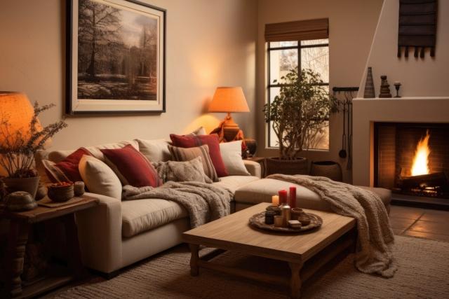 A cozy living room features a roaring fireplace and an inviting couch with throw pillows and blankets.