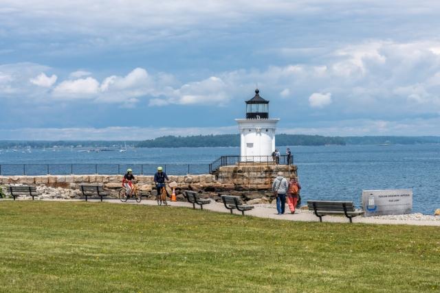 Bug Light Park Lighthouse in Portland, Maine overlooks the Portland Harbor. 