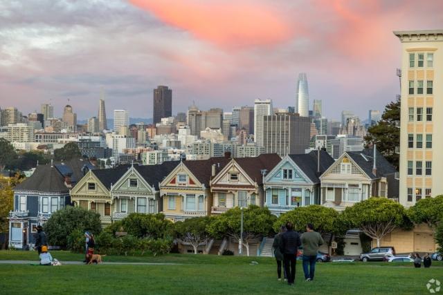 The San Francisco skyline with the Painted Ladies in front.