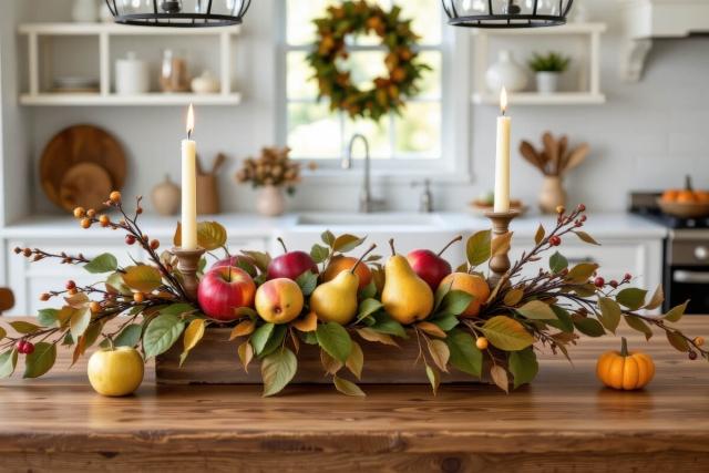 Holiday centerpiece sits in kitchen.