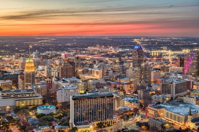Aerial view of the San Antonio skyline at sunset