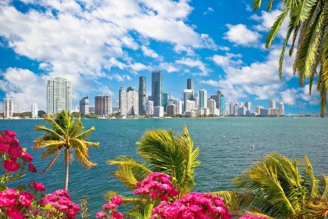 A sunny waterside view of the Miami skyline