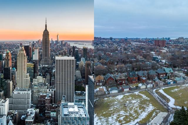 New York and Detroit skylines side-by-side.