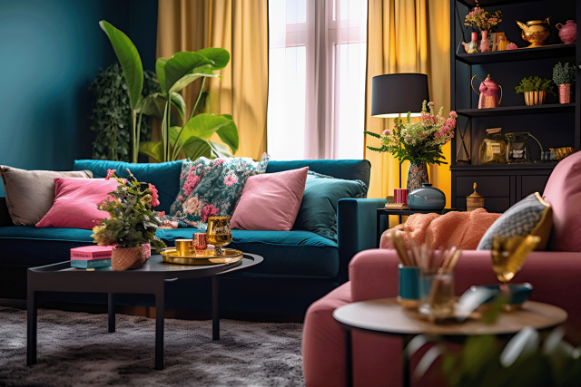 Maximalist living room with dark green walls and sofa, bright yellow curtains, and pink accents