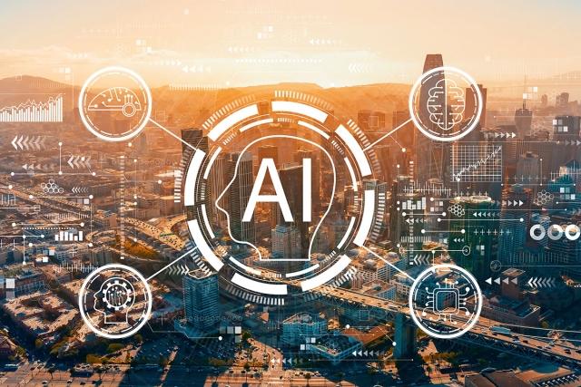 Technology imagery and symbols overtop of San Francisco.