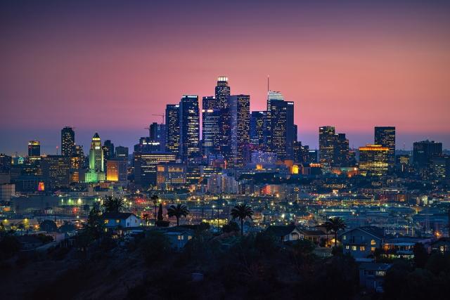 The skyline of Downtown Los Angeles during the sunset.