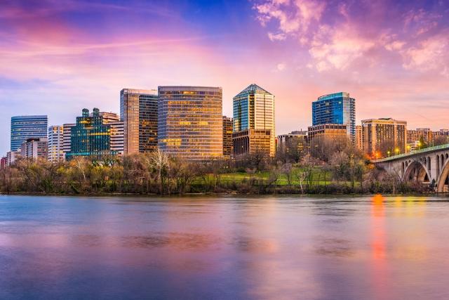 Skyline of Arlington over the river during sunset.
